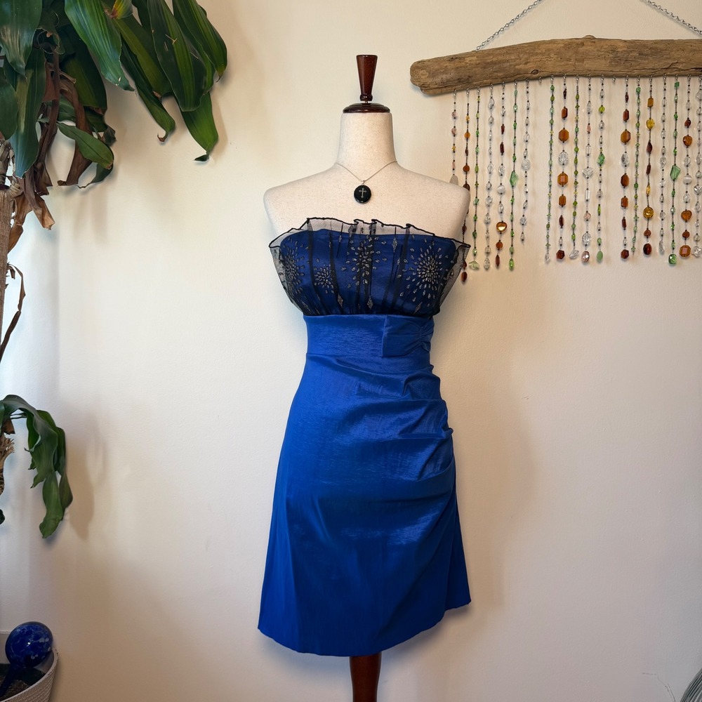 Vintage Y2K Fashion Gold Royal Blue Tulle Strapless Homecoming Dress 2XL